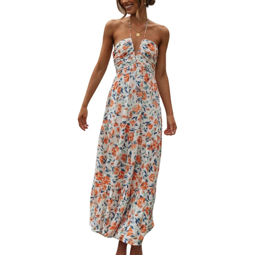 Women's Floral Maxi Dress Boho Sleeveless Summer Backless Ruffle Size Small - Picture 2 of 5